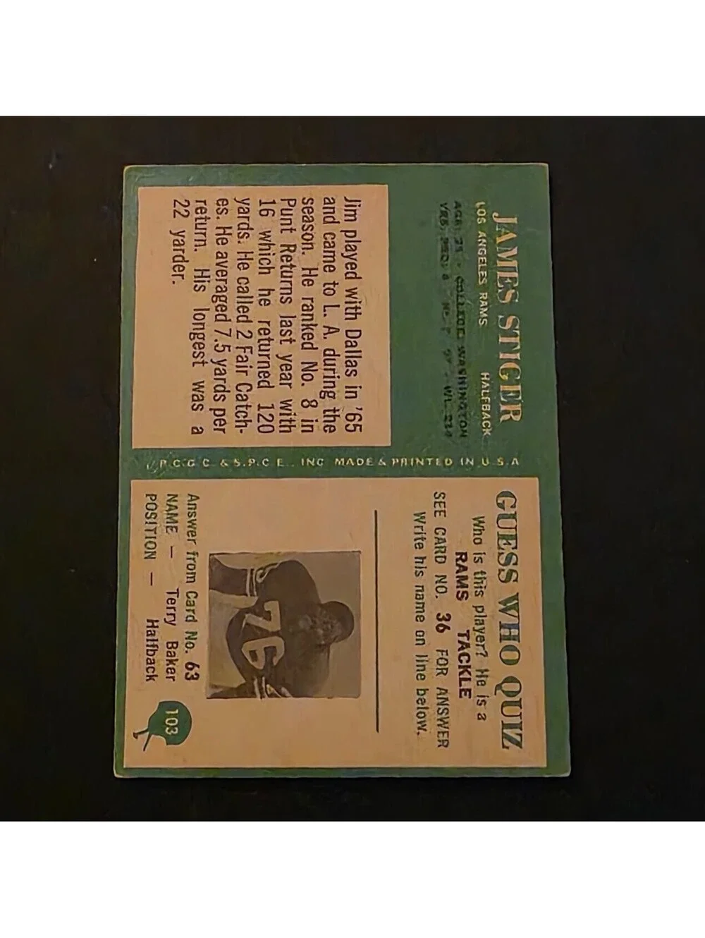 1966 Philadelphia - James Stiger#103 Los Angeles Rams